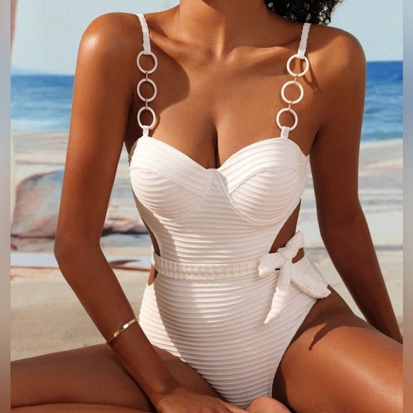 White Ribbed Push Up Cut Out Swimsuit - Picture 8 of 15